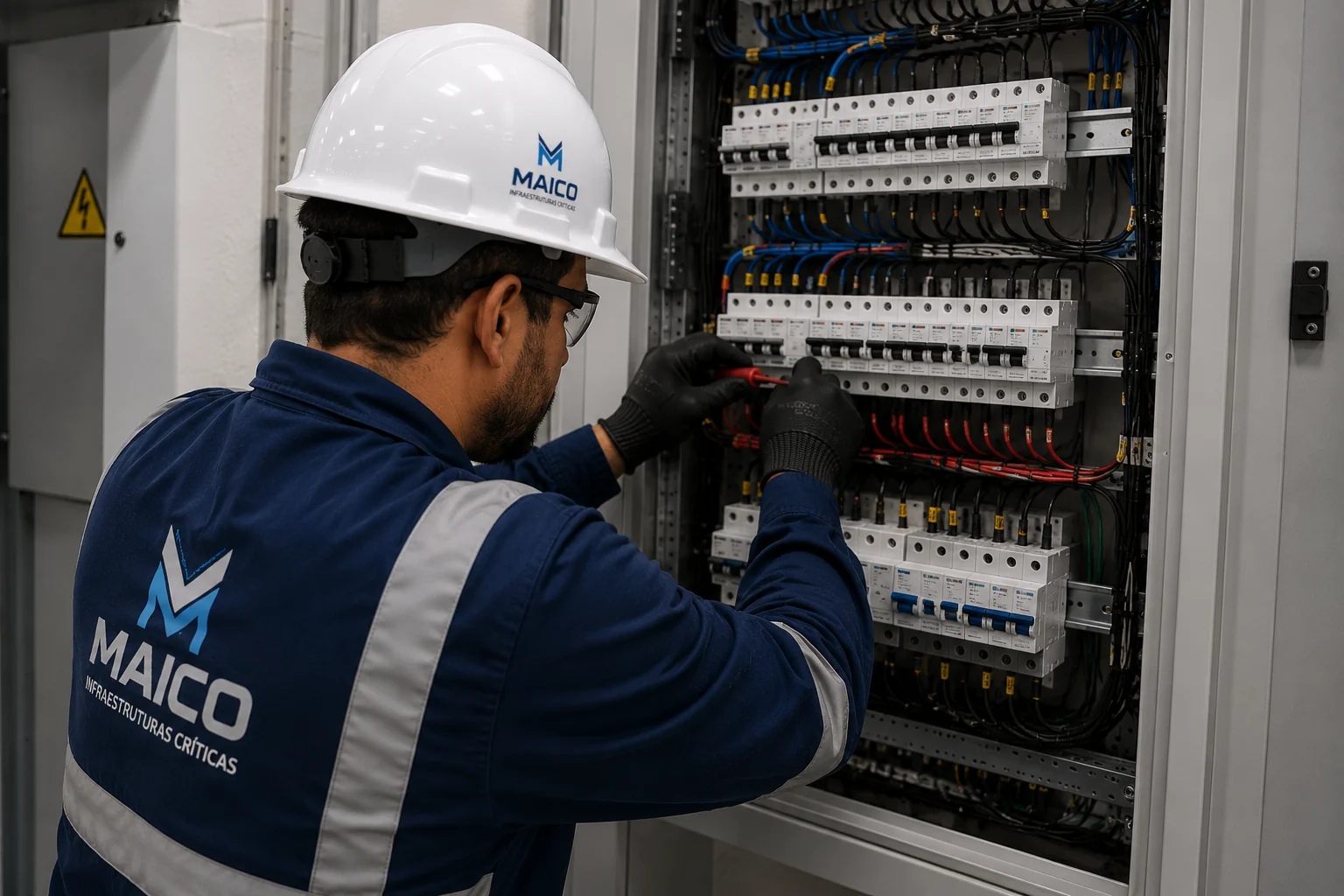 Profissional MAICO verificando painel de controle e distribuição