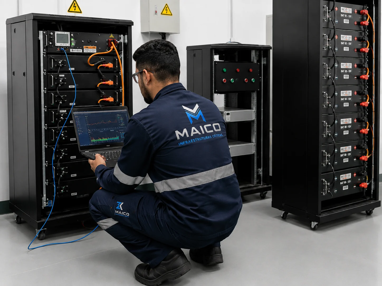 Profissional MAICO analisando infraestrutura de energia em sala crítica