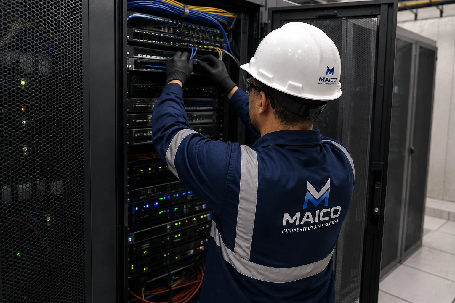 Profissional MAICO atuando em rack de telecom e dados
